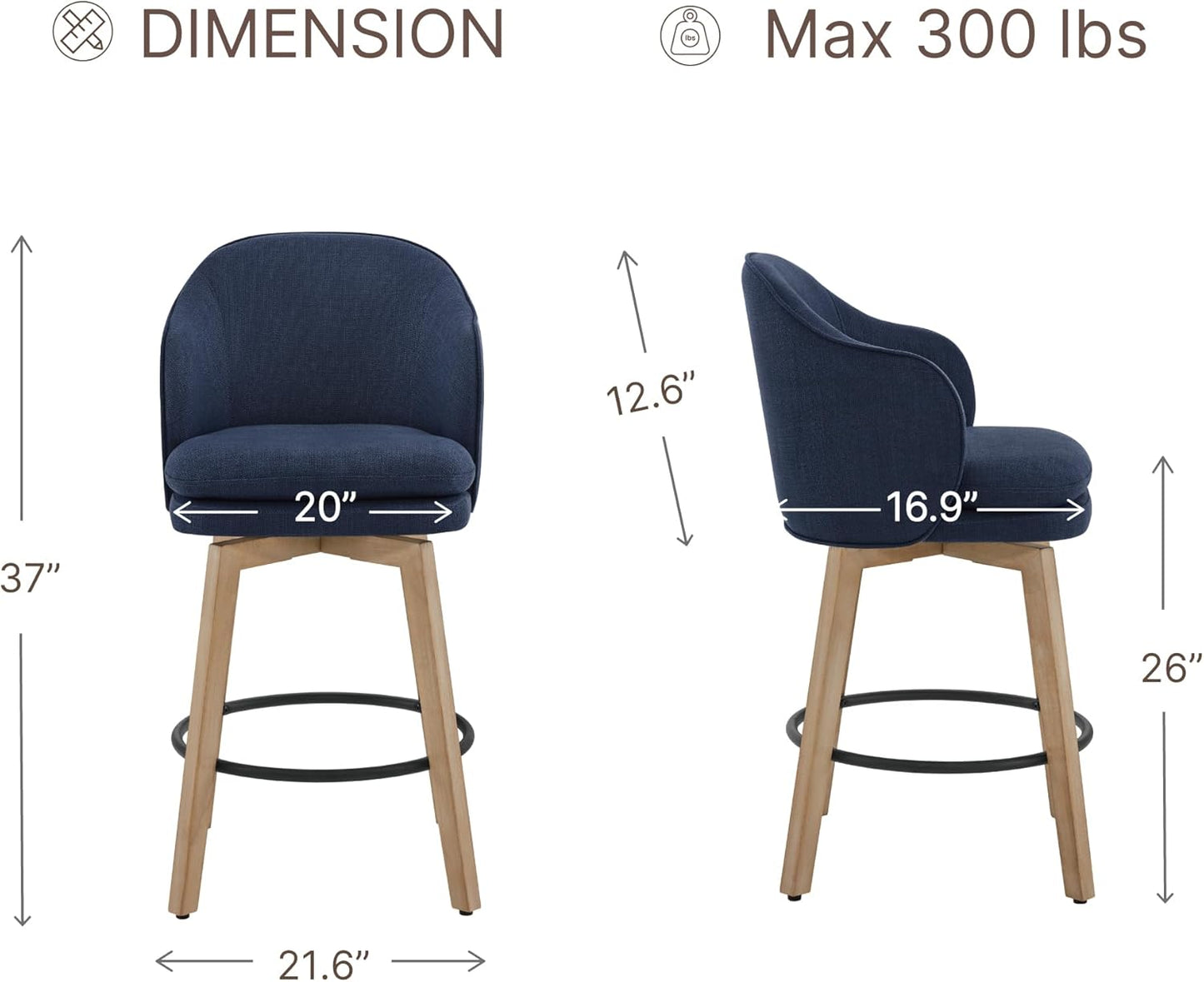 Counter Height Barstools 26 inch Upholstered Swivel Bar Stools with Back and Wood Legs for Kitchen Island,Set of 2,Blue Fabric-Armless