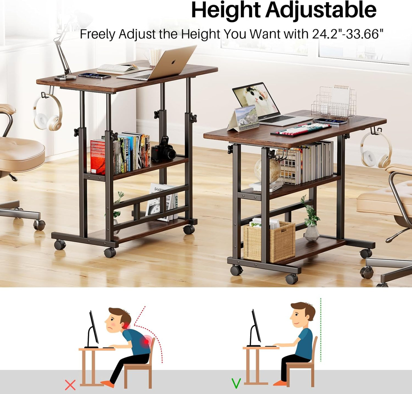Adjustable Height Standing Desk, Rolling Stand Up Desk with Storage Shelves, 31.5" Small Mobile Computer Desk, Portable Laptop Table (Simple Brown)