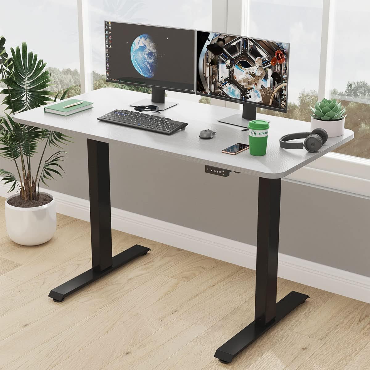 JOY worker Electric Height Adjustable Standing Desk, Grey Whole Piece 48 x 24 Inches Sit Stand Up Desk with Memory Controller, Quick Assembly Standing Workstation for Home Office