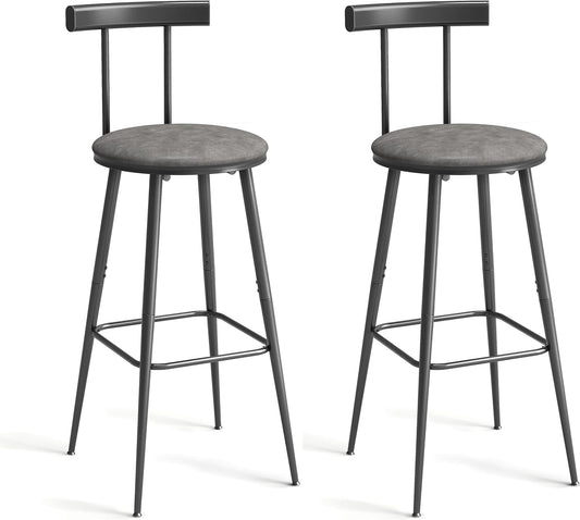 Bar Stools, Set of 2 High Kitchen Barstools, Bar Chairs with Backrest and Footrest, Industrial Counter Stools with PU Soft seat, for Kitchen, Living Room, Pub, Grey BS-013GR