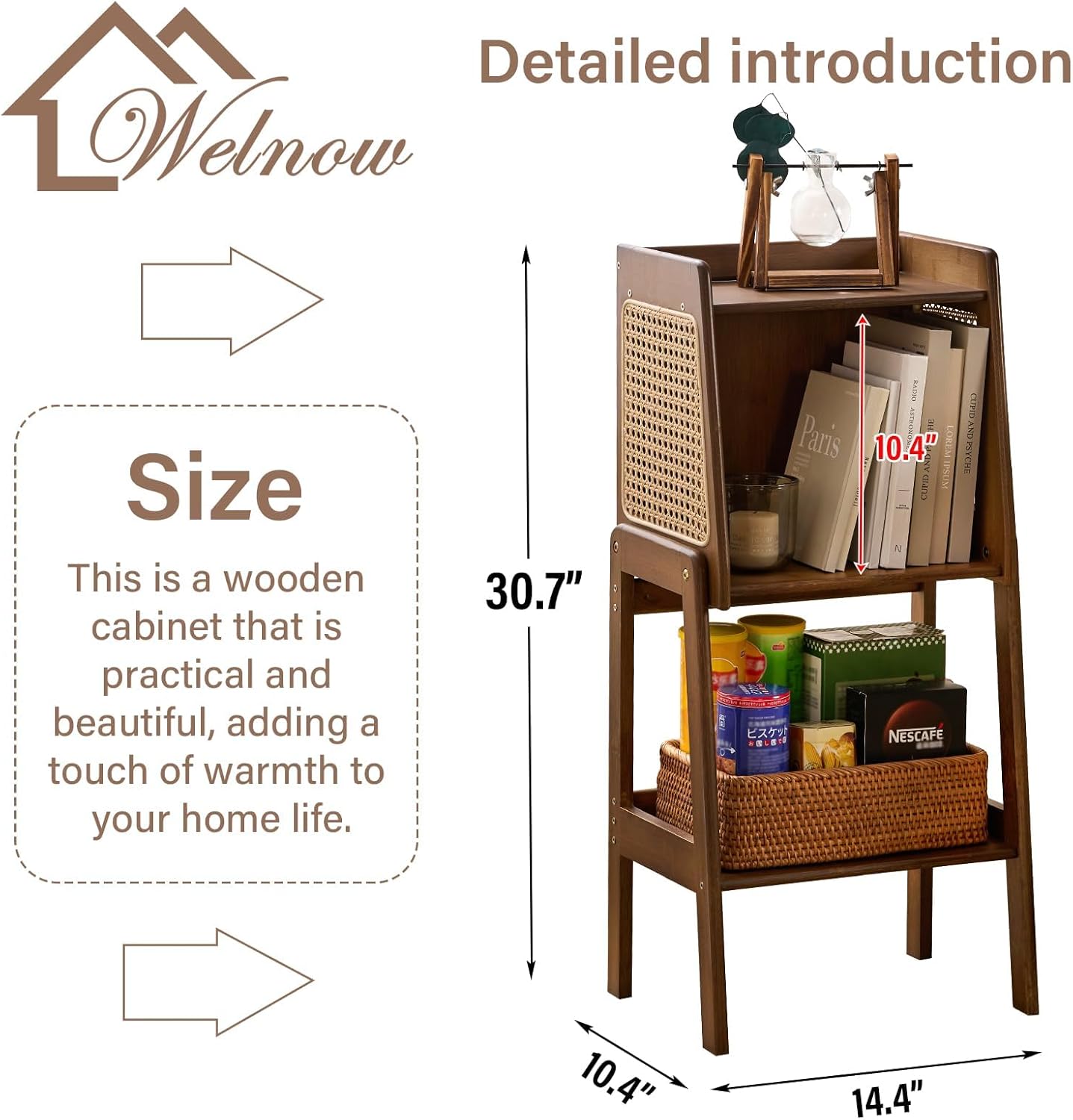 Welnow Bamboo Rattan Bookcase with Cabinet, 1-Tier Storage Shelf with Side Table & End Table Function, Large Modern Wood Organizer for Living Room or Bedroom, Walnut Bookshelf