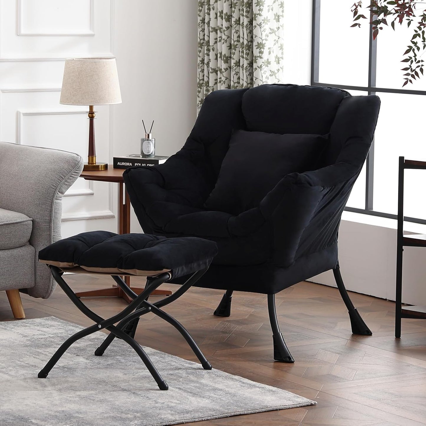 Lazy Chair with Ottoman, Modern Lounge Accent Chair with a Pillow, Leisure Sofa Armchair Set, Reading Chair with Footrest for Living Room, Bedroom, Dorm Room, Office, Velvet Black