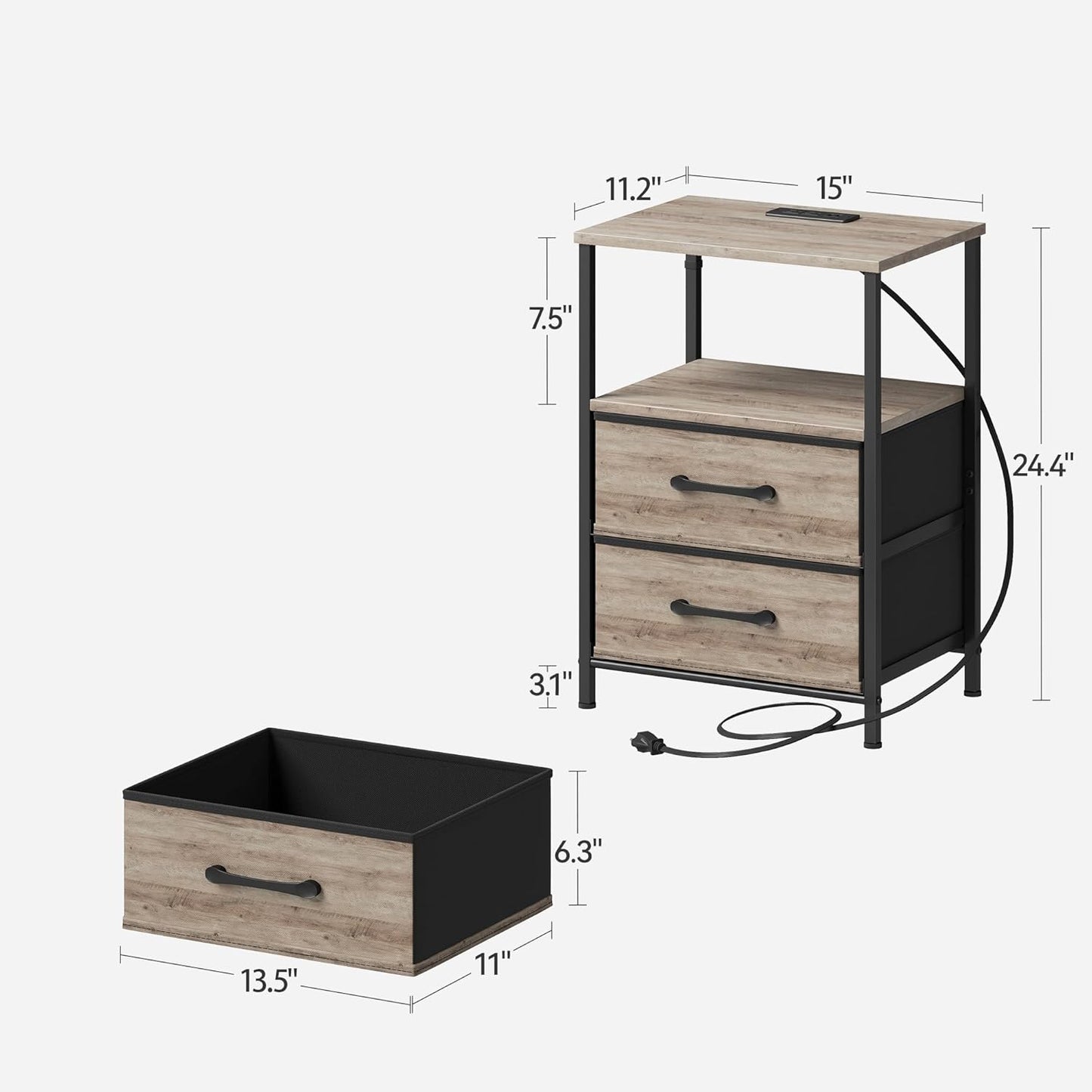 Nightstands Set of 2, Night Stand with Charging Station and Led Lights, Bedside Table with 2 Fabric Drawers for Bedroom, Small Side End Table with Open Shelf, Greige