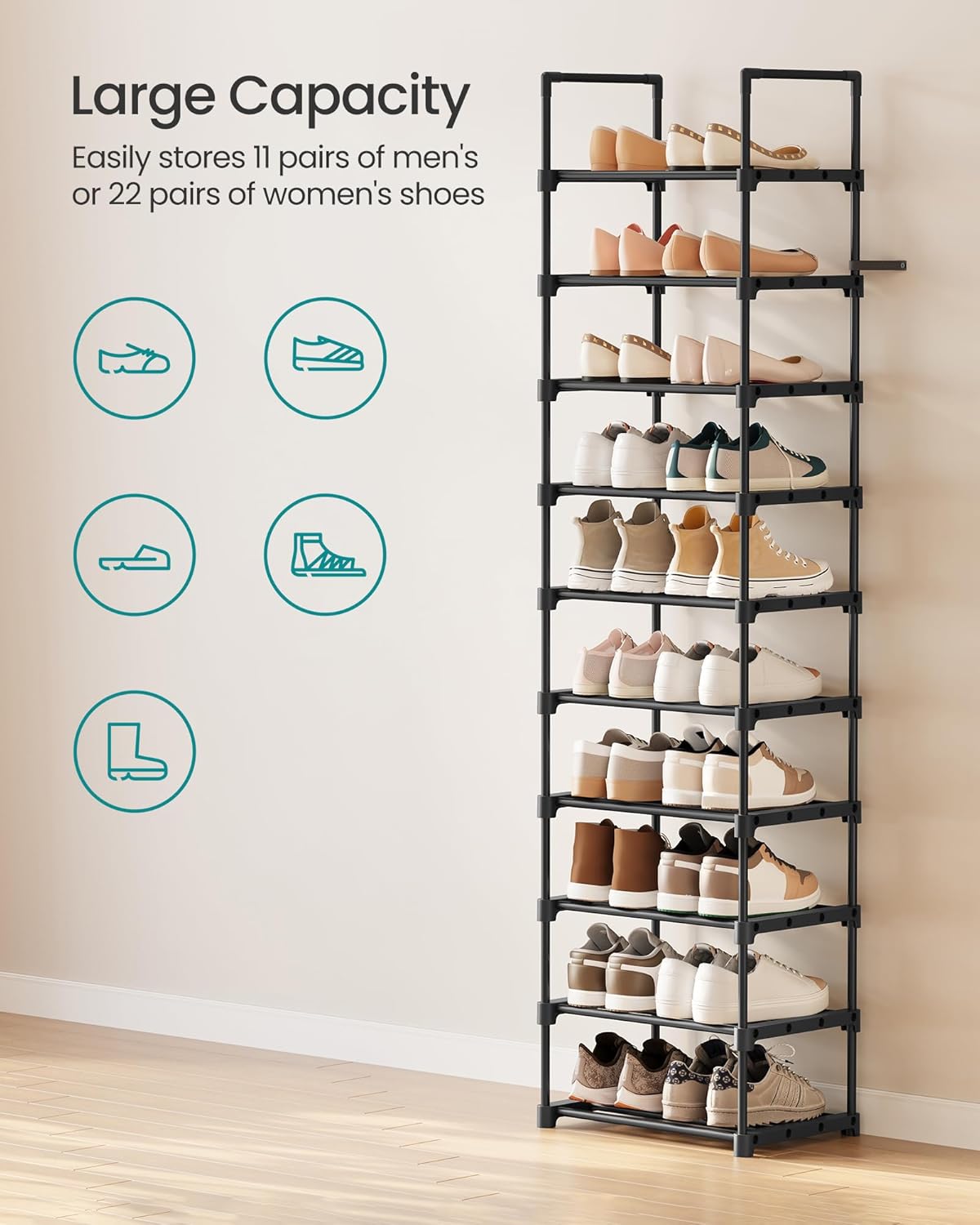 SONGMICS Shoe Rack, 10-Tier Shoe Organizer, Metal Storage Shelf, Upright or Upside Down, for 11-22 Pairs, for Entryway, 11.8 x 17.7 x 68.5 Inches, Black ULSA25BK
