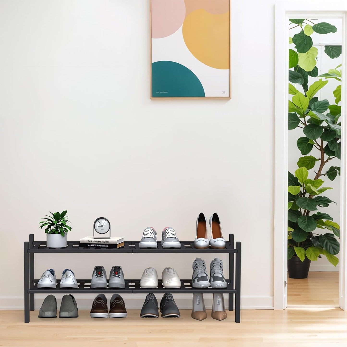 Haddockway Long 2 Tier Bamboo Shoe Rack Storage Organizer, Multifunctional Free Standing Stackable Shoe Shelf with Grid Panel for Closet,Hallway,Entryway,Small Space 34.2"x11"x13"(Black, 2-Tier(Long))