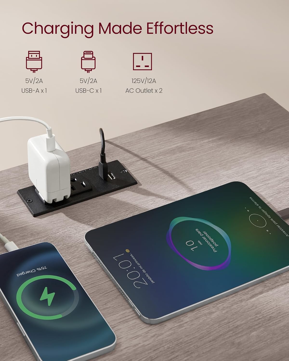 VASAGLE MAXE Collection - Nightstand with Charging Station, Bedside Table, Side End Table with 2 Drawers, Open Shelf, 2 AC Outlets, 2 USB Ports, Transitional, for Bedroom, Washed Gray ULET626G01S