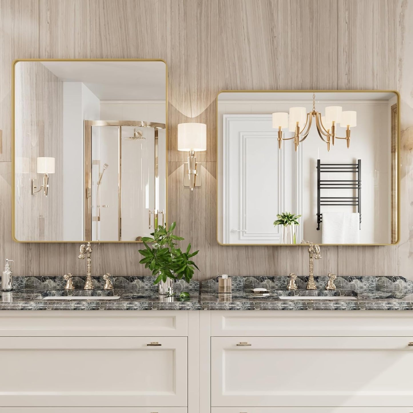 Gold Bathroom Mirror, 30x36 Inch Brushed Gold Metal Frame Mirror for Wall, Rounded Rectangle Bathroom Vanity Mirror, Tempered Glass, Anti-Rust, Horizontal/Vertical