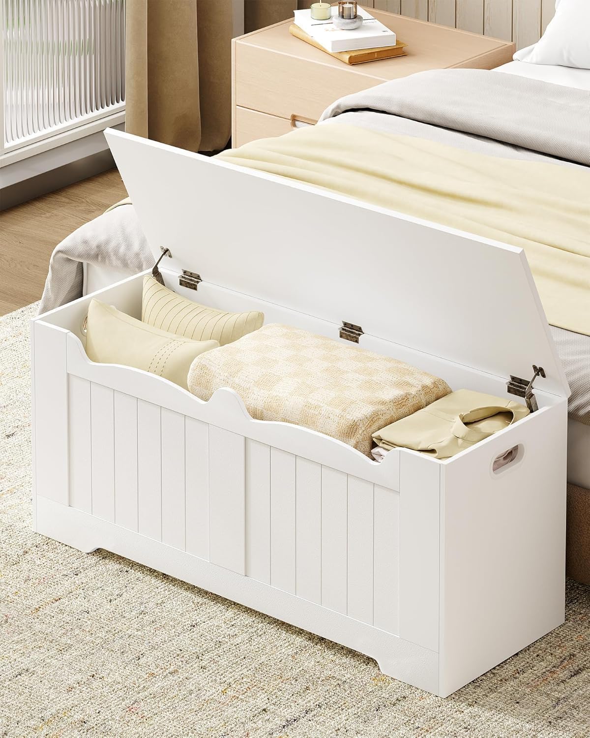 43.3" Storage Chest, Extra Large Storage Trunk with 2 Safety Hinges, Lift-Top Bench Box, Wooden Chest Organizer, Shoe Bench for Entryway, Bedroom, Living Room, White SB25503X