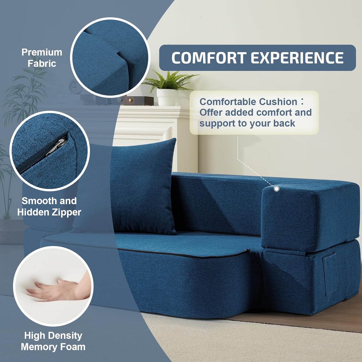 2-in-1 Folding Sofa Bed with Pillow - Folding Chair Floor Couch & Sleeping Mattress - Washable Cover & Memory Foam Sleeper Chair for Living Room/Guest Room/Apartment/Loft, Navy Blue