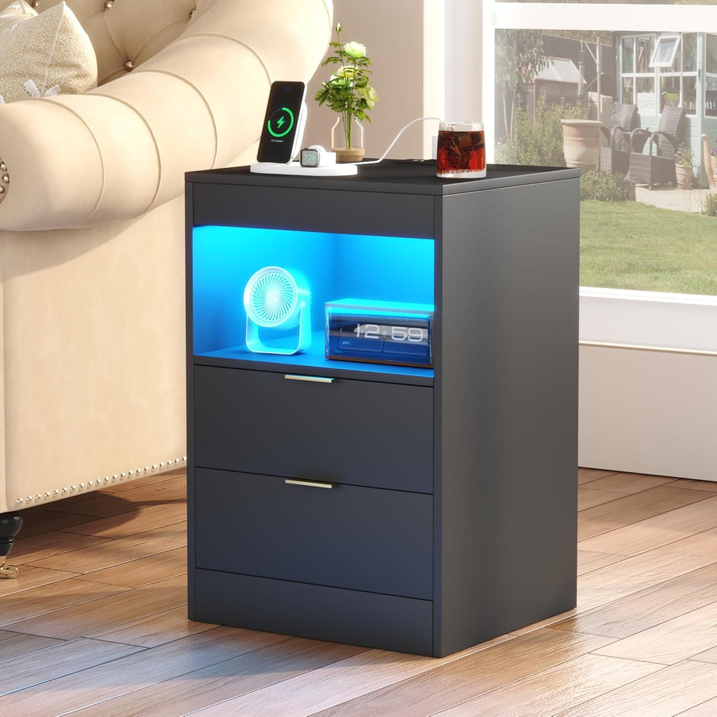 Gadroad LED Nightstand with Charging Station, Bedside Table with 3 Drawers and LED Lights, End Table Sofa Couch Side Table with Pull-Out Shelf, Black