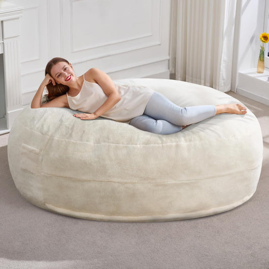 Hobestluk 6ft Bean Bag Chairs for Adults Large Beanbag Chair with Plush Faux Fur Cover Big Bean Bag Chair for Living Room Bedroom Dorm Office - White (70" x 70" x 15")