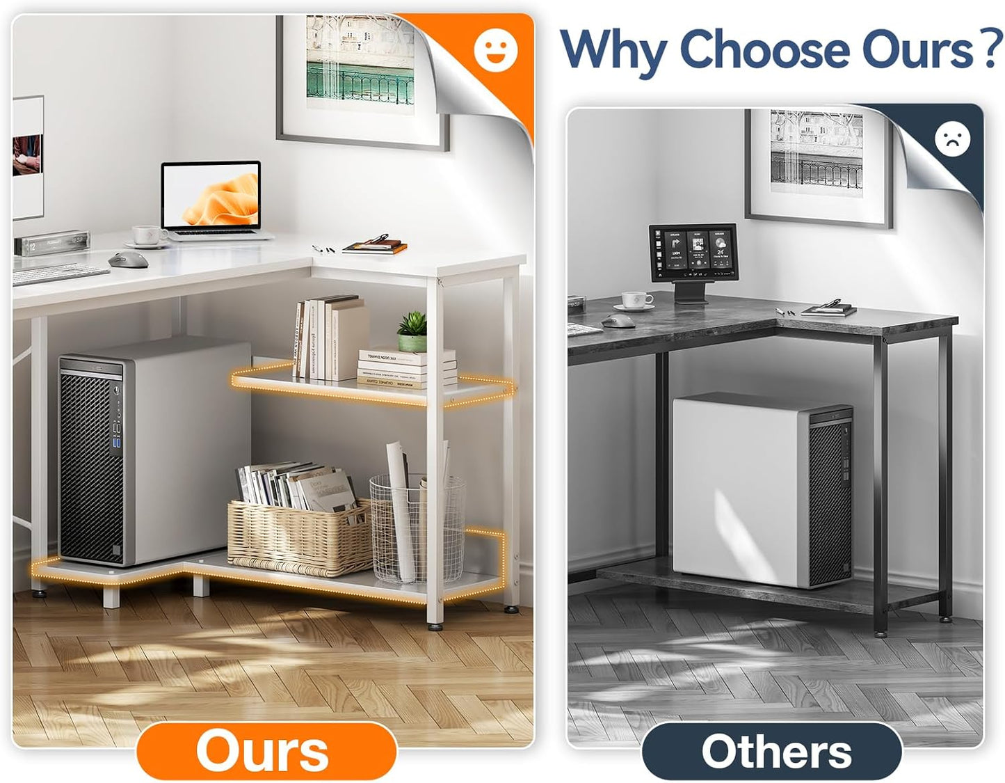 Casaottima L Shaped Computer Desk, 48 Inch Small Corner Desk with Storage Shelves & PC Stand, Reversible Gaming Desk for Bedroom, Modern Writing Study Table for Home Office, White