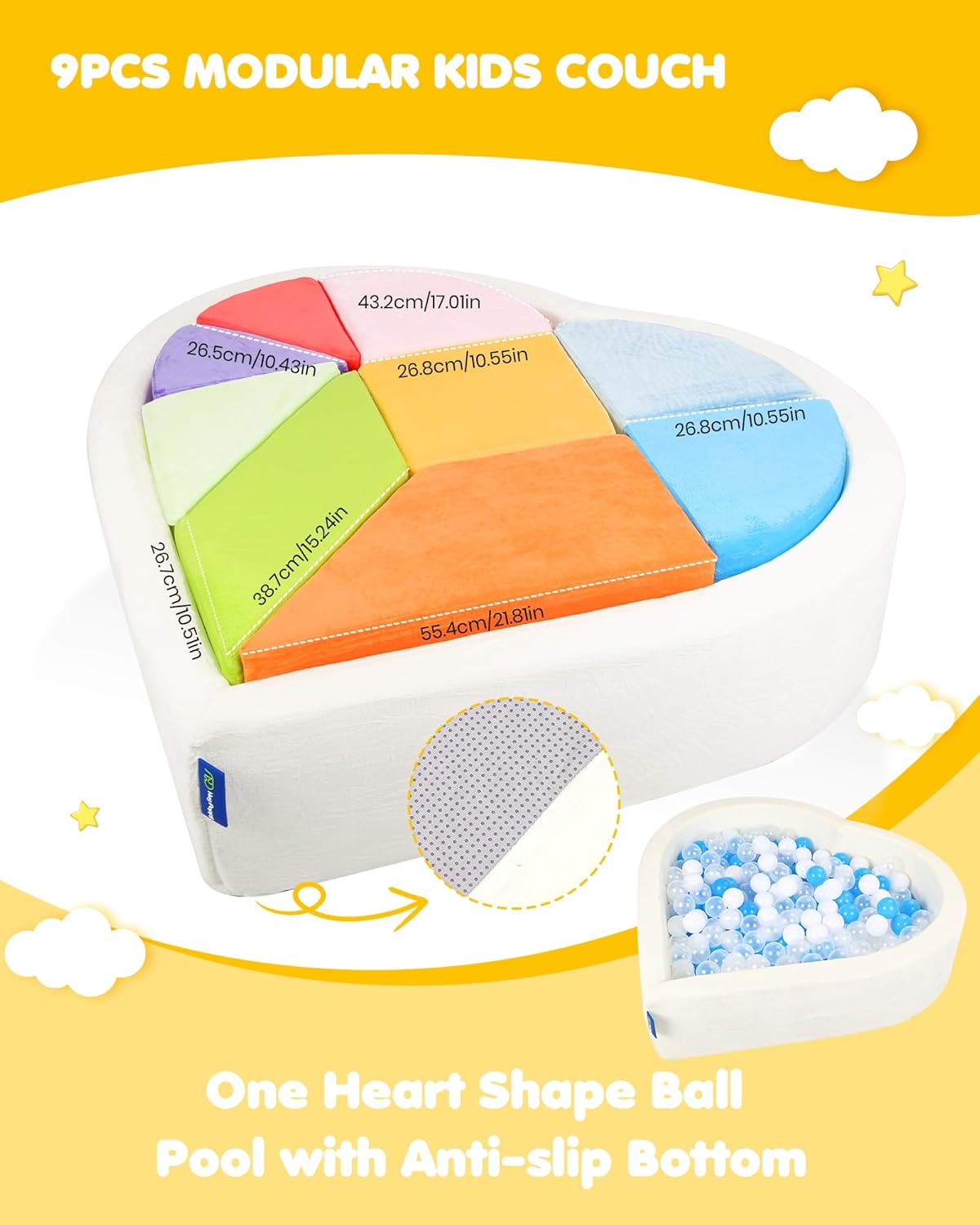 Kids Play Couch, 2-in-1 Heart-Shape Kids Plays Sofa with Unique Ball Pit(no Balls Included), Tangram Puzzle Play Couch for Playroom, Modular Play Sofa for Inspiring Creativity, Rainbow