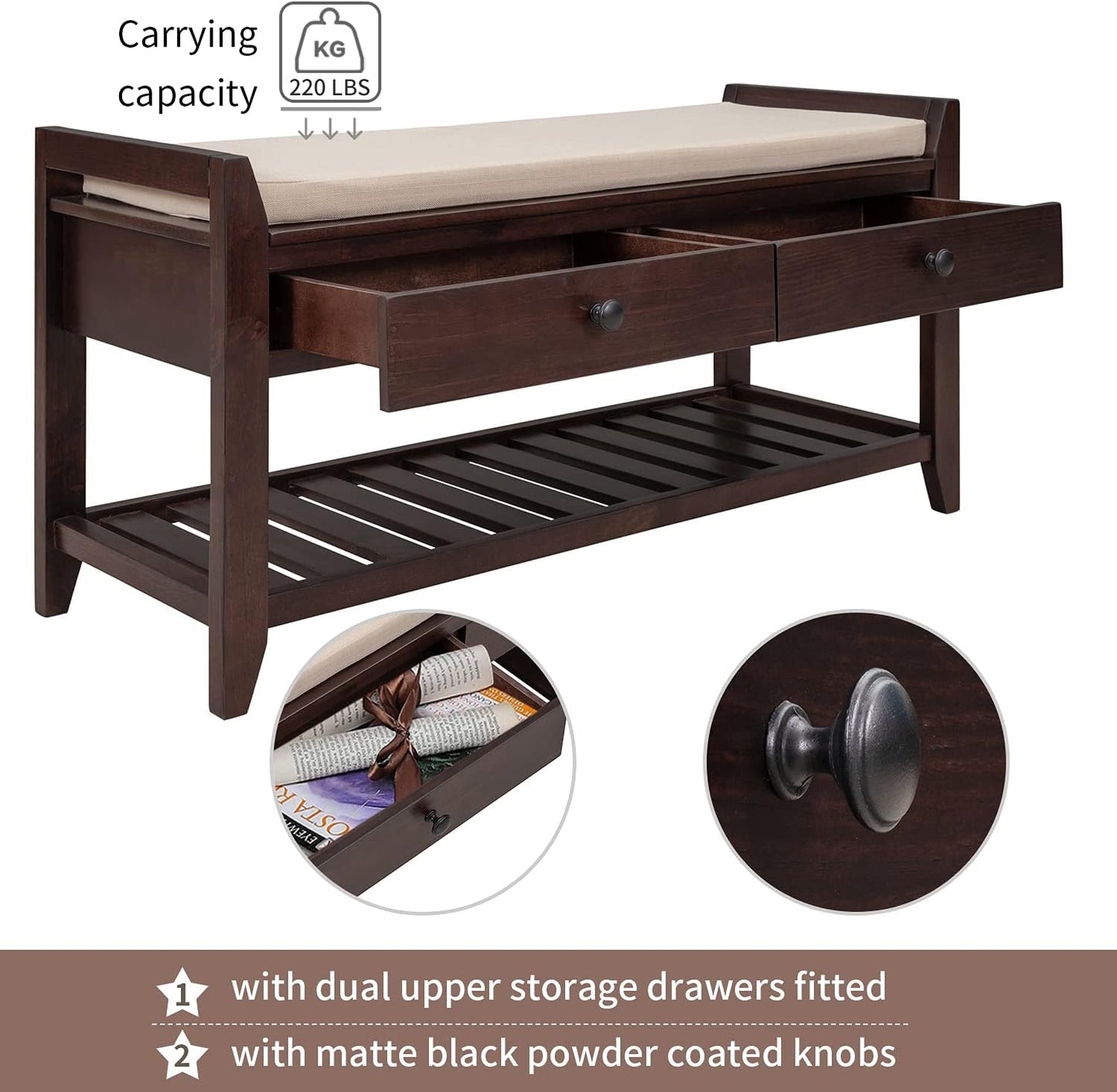 39″ Storage Bench with Cushioned Seat and Drawers,Multipurpose Wooden Entryway Ottoman,Hidden Compartment Organizing Shoe Rack,for Bedroom Hallway Porch,Espresso