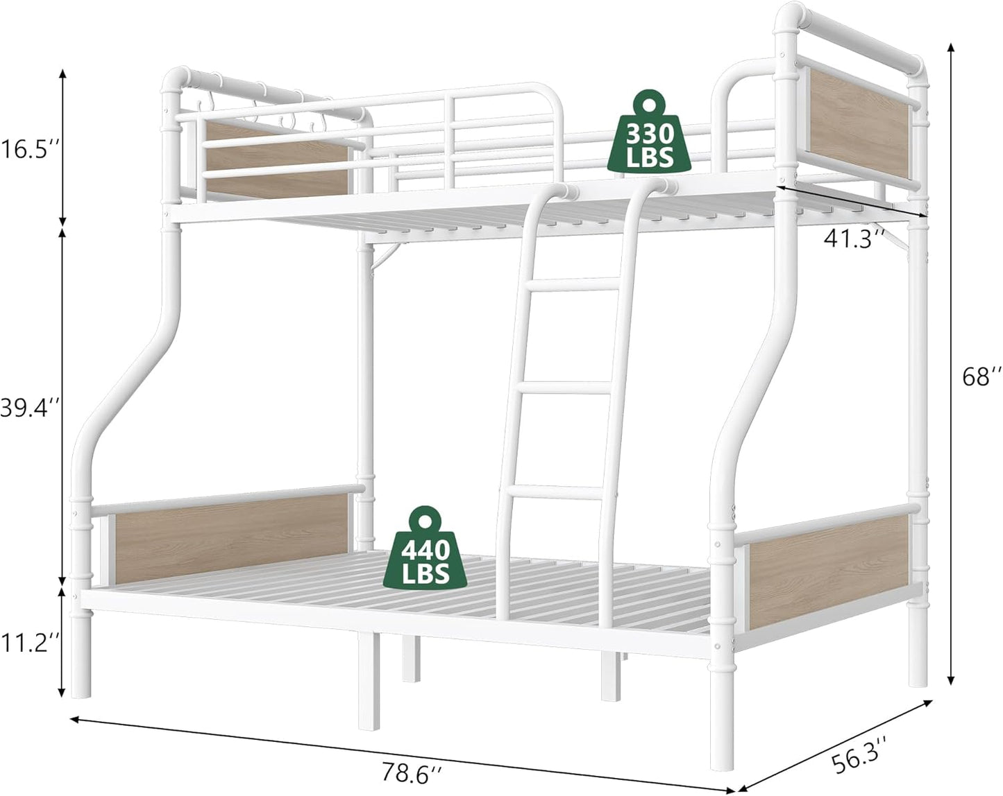 Metal Bunk Bed Twin Over Full, Industrial Bunkbeds Heavy Duty Bed with Safety Guard Rails and Space-Saving Design, Steel Bed for School, Bedroom (White)