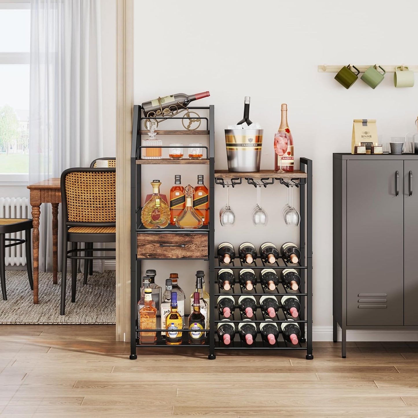 HapiRm Wine Rack Freestanding Floor - Multi-Tier Liquor Cabinet with Fabric Drawer, Liquor Bottle Display Shelf with Glass Holder, Vintage Whiskey Cabinet for Home