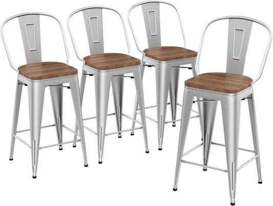 Yongqiang 30 inch Bar Stools Set of 4 Farmhouse Bar Height Stools High Back Kitchen Bar Chairs Silver Metal Barstools with Wooden Seat…
