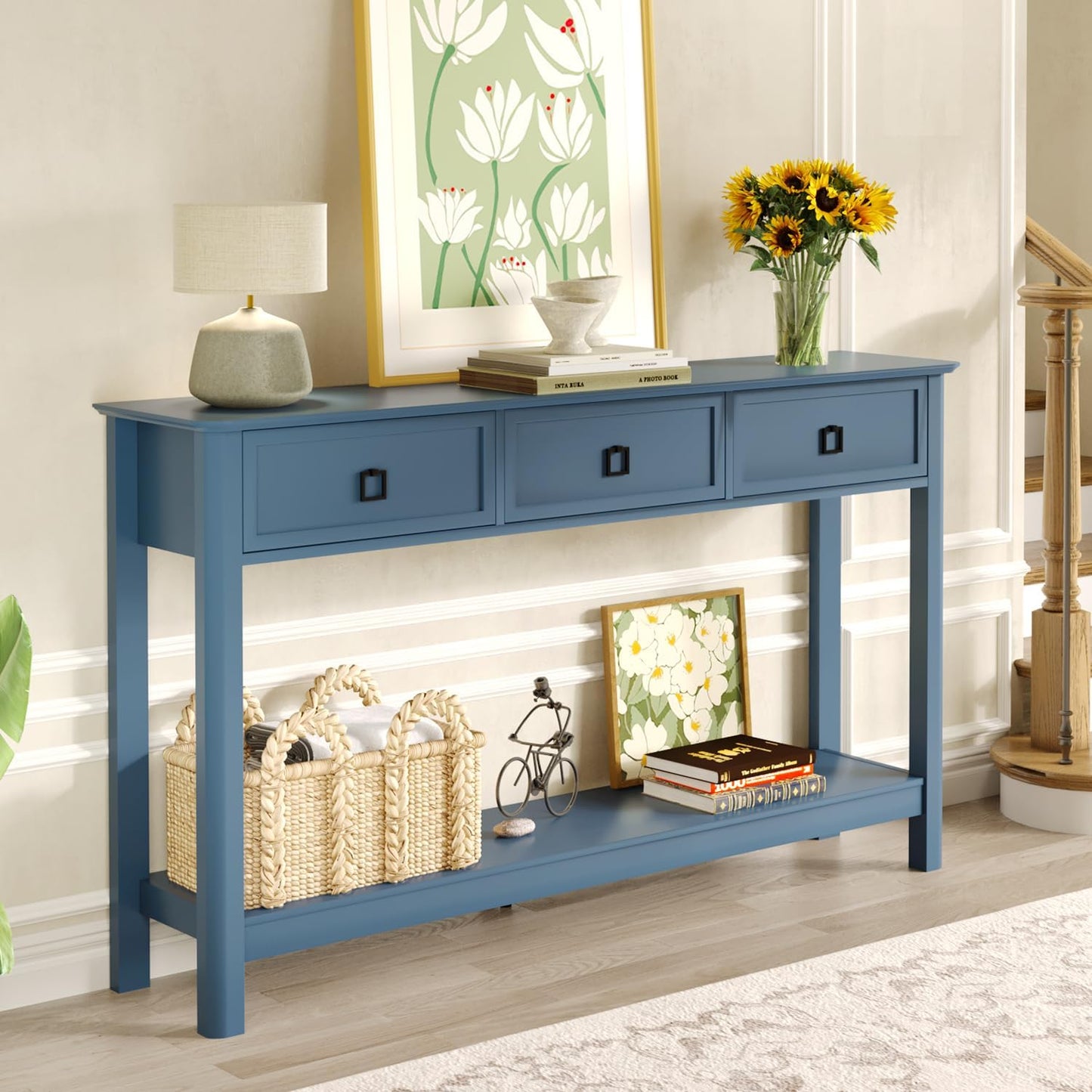 Treocho 53.1" Console Table with 3 Drawers, Modern Entryway Table, 2-Tier Narrow Long Sofa Table Behind Couch Table for Living Room, Hallway, Blue