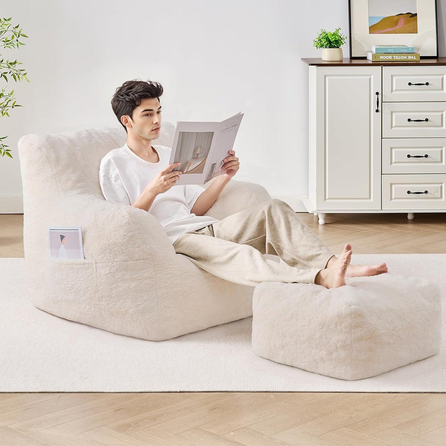 Giant Bean Bag Chairs for Adults with Ottoman, Faux Fur Boneless Chaise Couch Filler with Memory Foam,Large BeanBag Lounge Lazy Floor Sofa Accent Chair for Living Room,Bedroom & Game Rooms