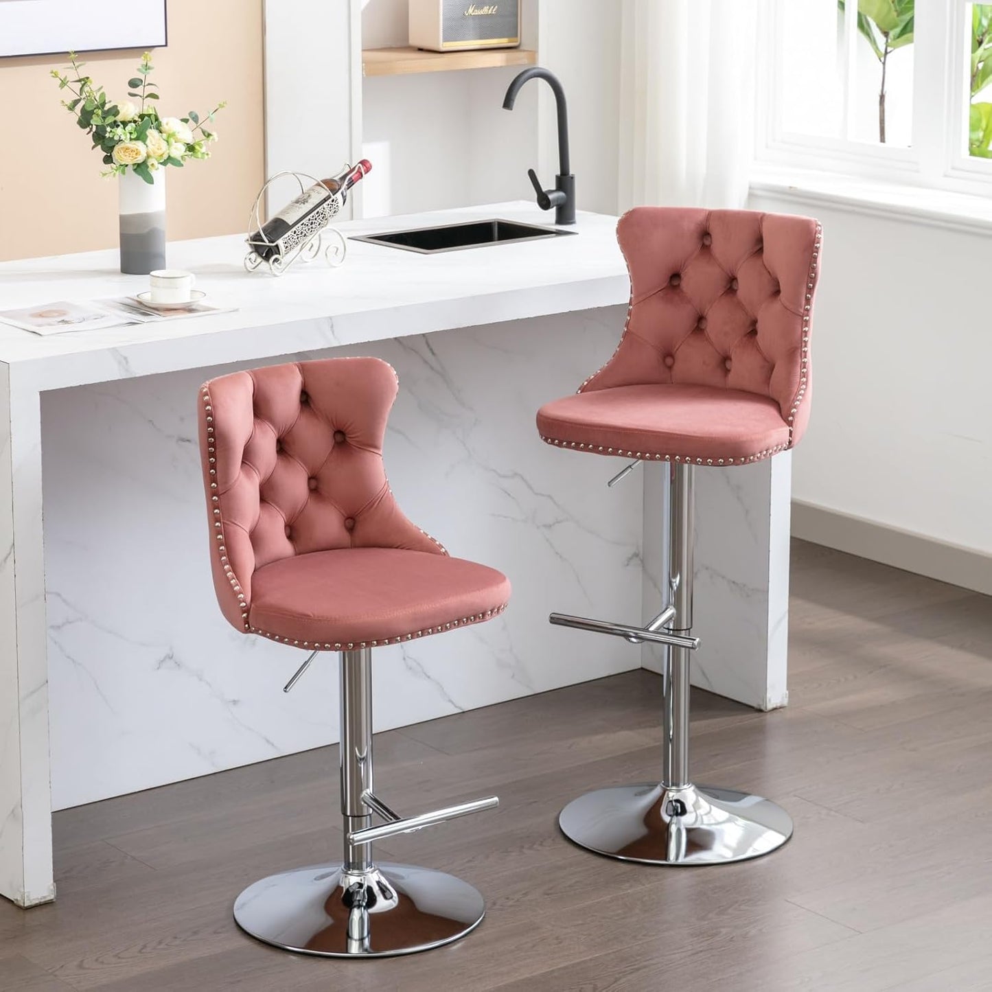 PacknWood Acosure Swivel Velvet Barstools Adjusatble Seat Height from 25-33" with Backs Comfortable Tufted Modern Upholstered Chrome Base Bar Chairs for Home Pub Kitchen,Pink,Set of 2