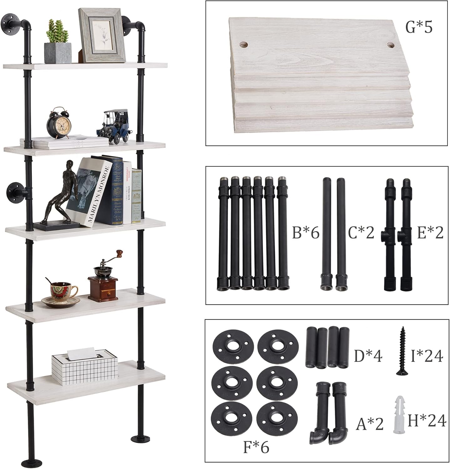 Pipe Shelves, 5 Tier Industrial Ladder Bookcase, Wall Mounted Metal Wood Rustic Bookshelf (White, 5 Tier - 10" D x 24" W x 70" H)