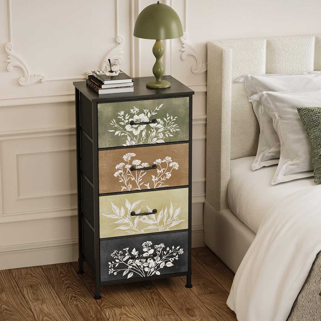 Tohomeor Vintage Dresser Vertical Nightstand with Neutral Botanical Plant Fabric Chest Drawers for Closet Bathroom Storage Tower Unit Bed Side Organizer Farmhouse Rustic (Multi, 4 Drawers)