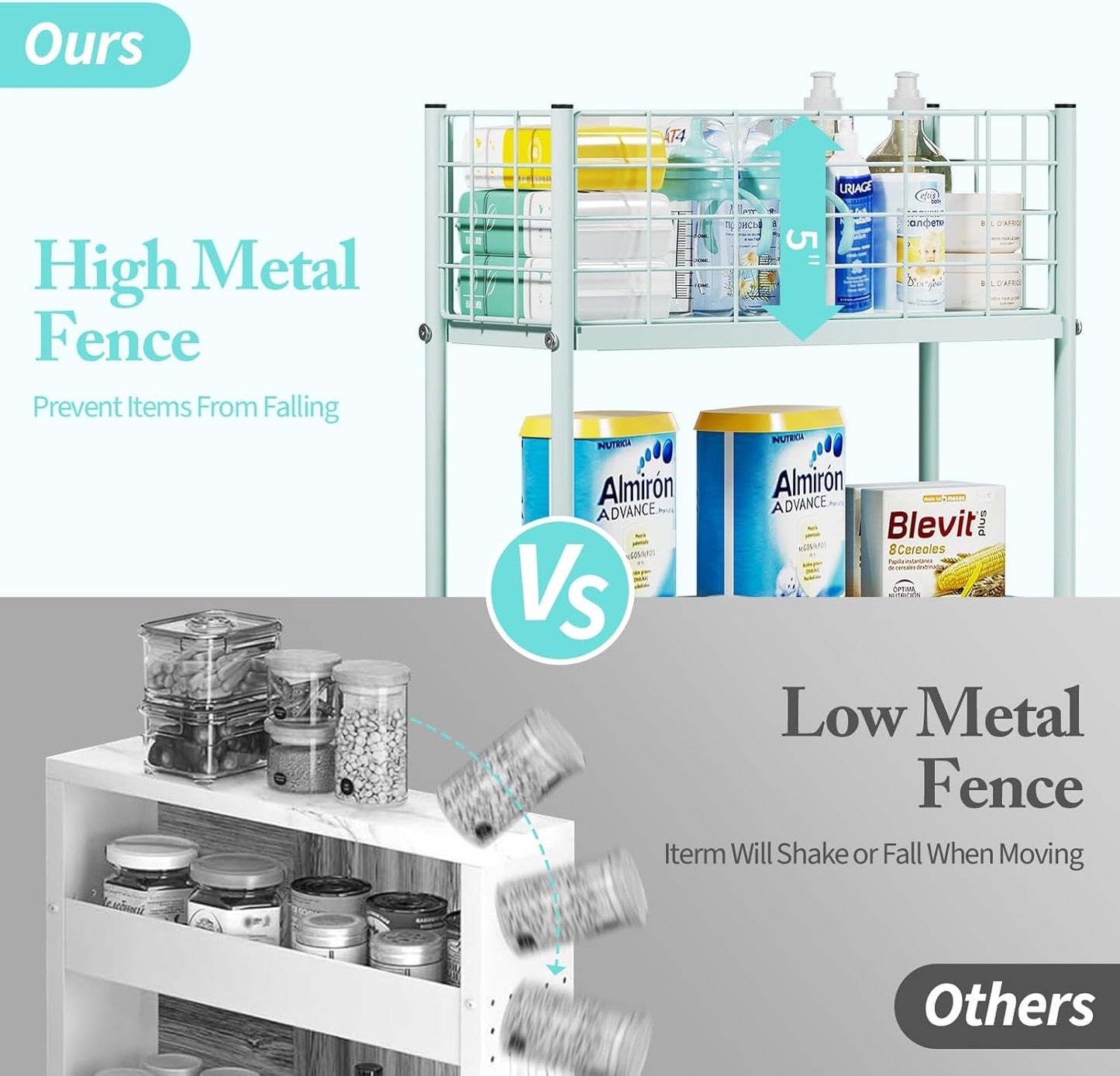 KINGRACK 3-Tier Rolling Utility Cart with Wheels, Metal Slim Storage Cart, Multifunctional Storage Organizer, Rolling Storage Cart for Kitchen, Office, Bathroom, Narrow Place, Mint Green