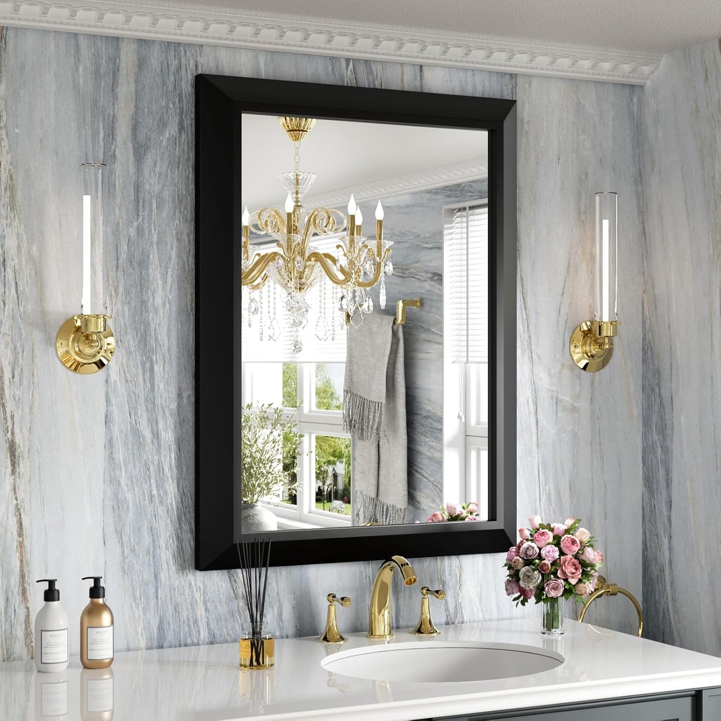 Amorho Black Bathroom Mirror, 24x32 Inch Thick Metal Framed Wall Mirrors for Over Sink, Bedroom, Living Room, Entryway, Rectangle Wall-Mounted Mirrors(Horizontal/Vertical).