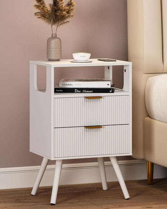 White Nightstand, Modern Bedside Table with 2 Storage Drawer and Open Wood Shelf, for Bedroom and Small Spaces, Night Stand with Solid Wood Legs