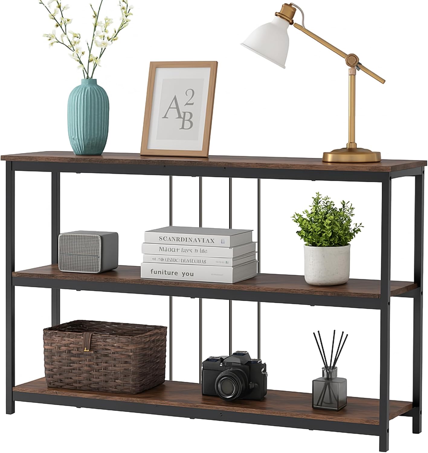 INHABIT UNION Sofa Console Table, Farmhouse Long Entryway Table with Storage and Shelf 3Tier Sofa Table Behind Couch for Living Room,Foyer 47inch,Rustic Brown