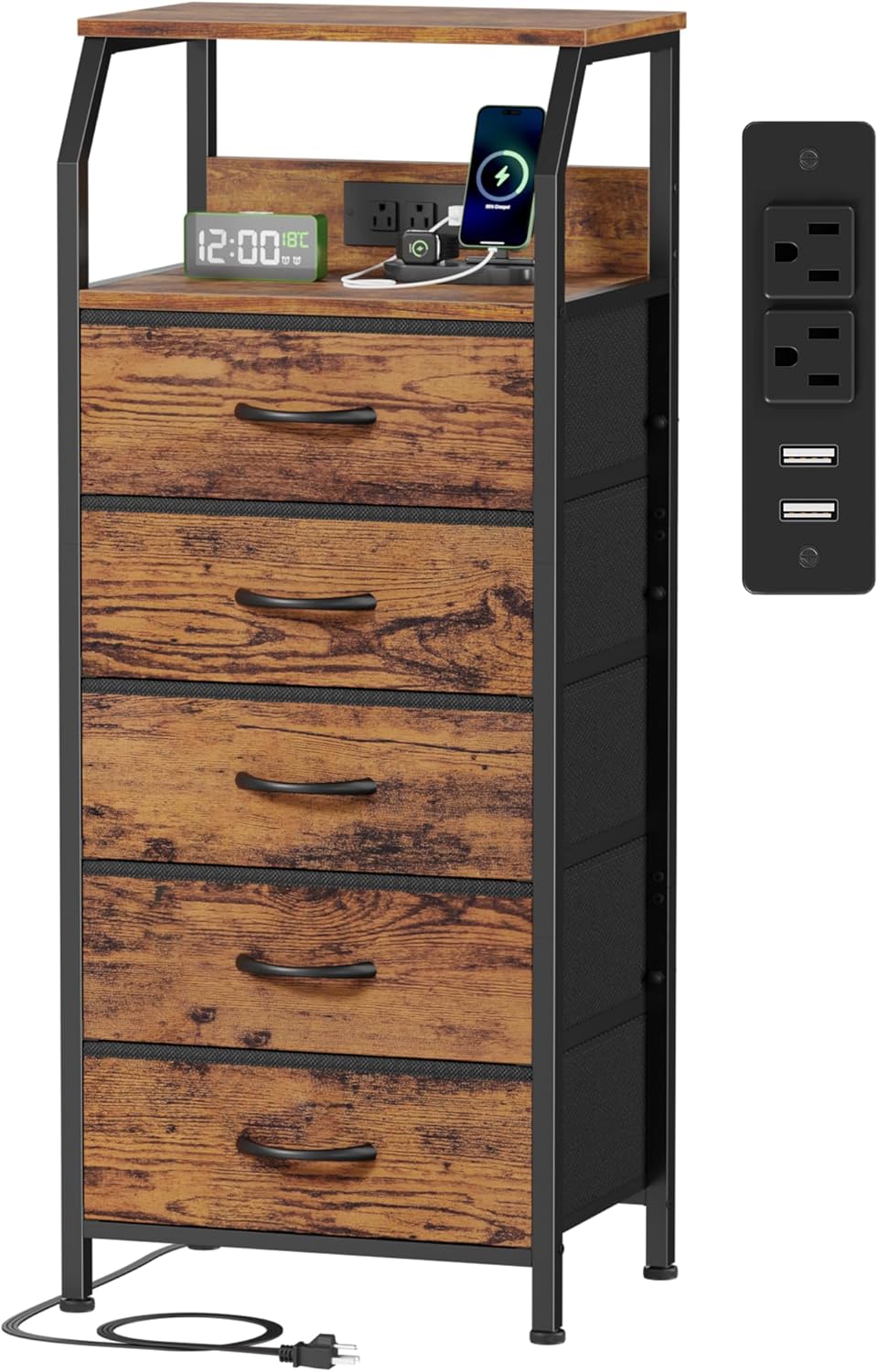 Furnulem 5 Drawers Dresser with Charging Station, Tall Night Stand with Storage Shelf, Fabric Chest of Drawers, Bedside Table for Closet, Entryway, Bedroom Furniture, 3 Ways to Use, Rustic Brown