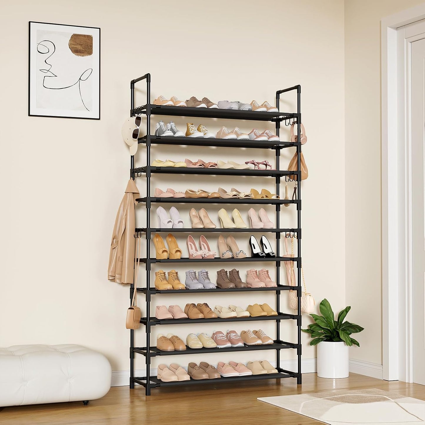 Tall Shoe Rack 10 Tier Shoe Organizer Large Shoe Shelf with 18 Hooks Storage for 50 Pair Sneaker and Boot, Stackable Vertical Shoe Rack Organizer for Closet, Entryway, Bedroom