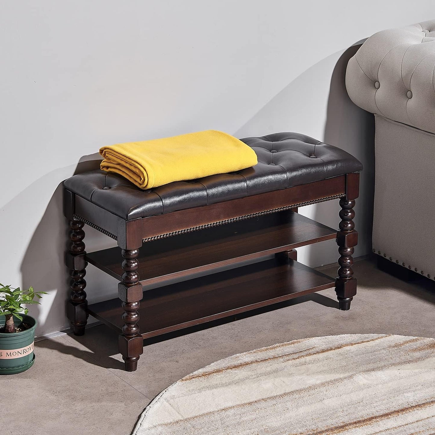 Shoe Storage Bench, Entryway Shoe Rack with Leather Seat 2-Tier Lift-top Organizer Wooden Bench for Foyer Bedroom Living Room Accent Furniture (39.4'')