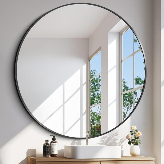 Black Round Mirror, 48 inch Large Circle Mirrors, Oversized Round Bathroom Mirrors, Aluminum Metal Frame Big Round Mirror, Huge Circluar Wall Mirror for Bathroom Living Room Entryway Bedroom