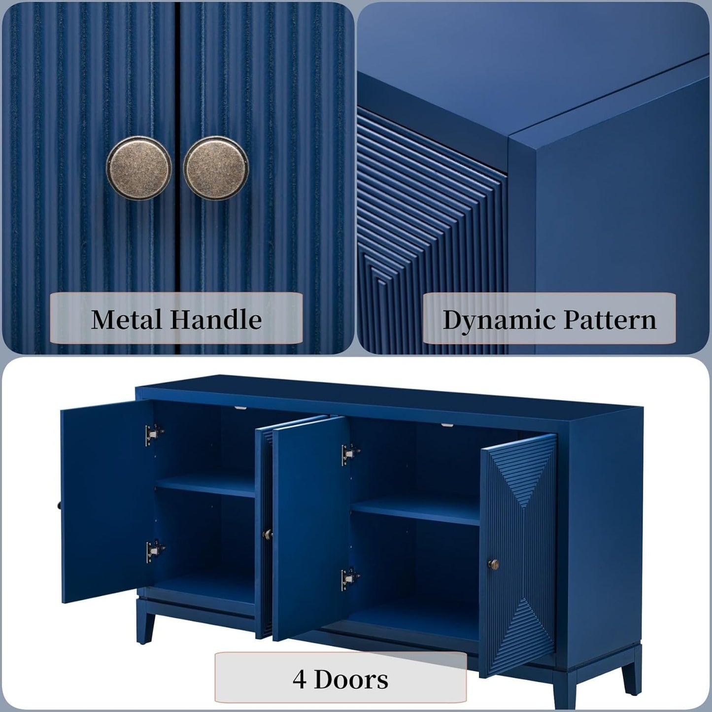Merax 60" Sideboard Buffet Storage Cabinet with 4 Doors and Adjustable Shelves, Modern Wooden Accent Fluted Credenza Console Table for Kitchen, Dining, Living Room, Coffee Bar, Entryway, Navy Blue