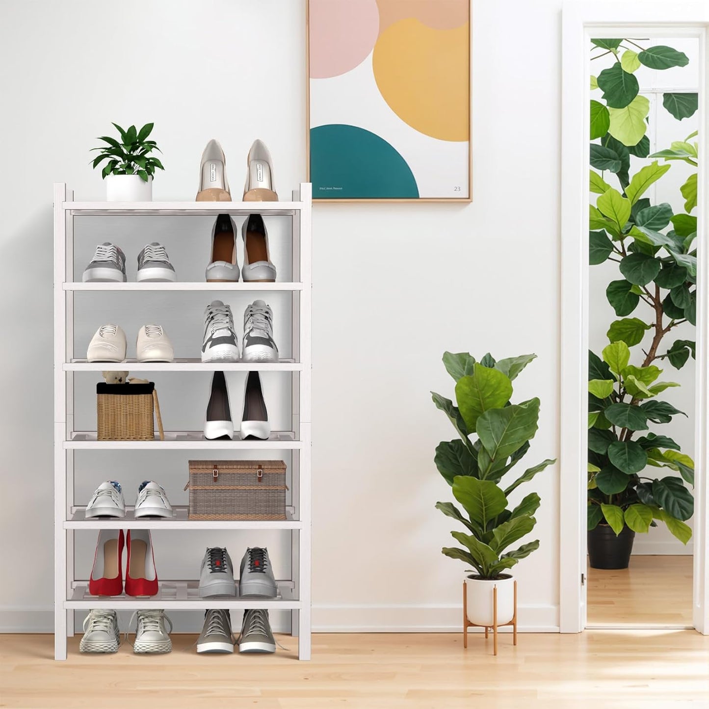 Haddockway small 6 Tier Bamboo Shoe Rack Storage Organizer, Multifunctional Free Standing Stackable Shoe Shelf with Grid Panel for Closet,Hallway,Entryway,Small Space 18"x11"x34"(White, 6-Tier(Small))