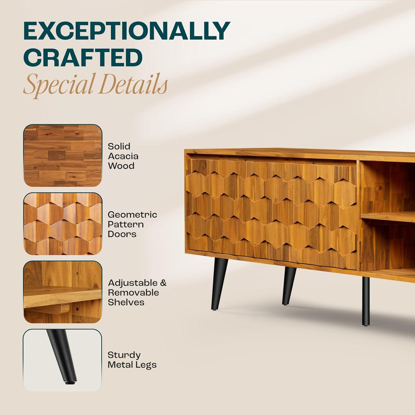 Bme Georgina Solid Wood, 10 Minutes Assembly Entertainment Center with Storage Geometric Pattern Console for Living, Bedroom, Dining Room, TV Stand 65 Inch, Teak Brown