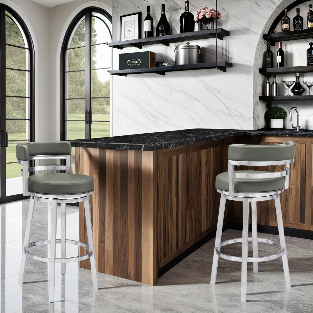 Armen Living Madrid 30" Bar Height Swivel Modern Grey Faux Leather and Brushed Stainless Steel Bar Stool for Kitchen Island Counter