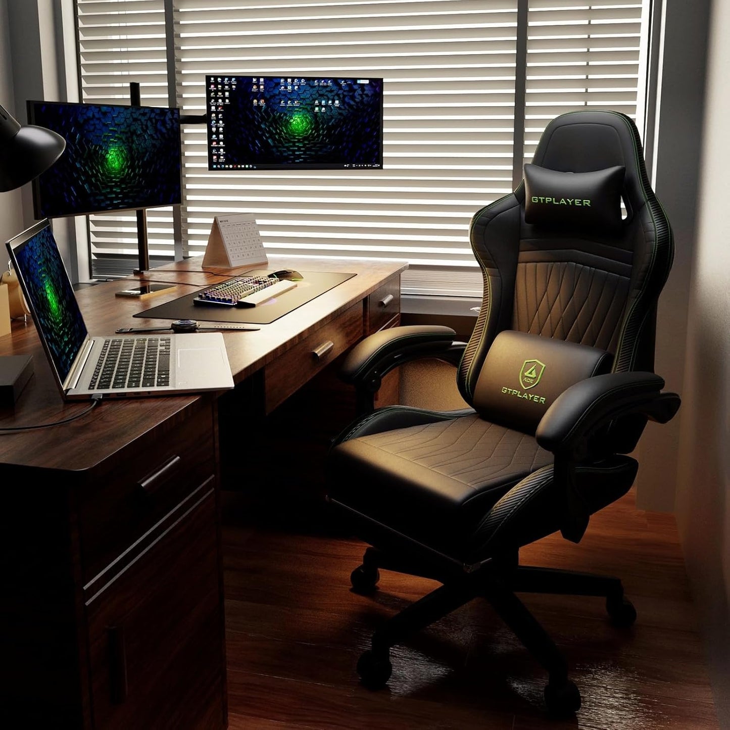 GTPLAYER ACE-PRO Music Gaming Chairs – Built-in Speakers, App Support & Bluetooth Control, Footrest & Pocket, Gamer Chair for Adults, Black & Green Stitch