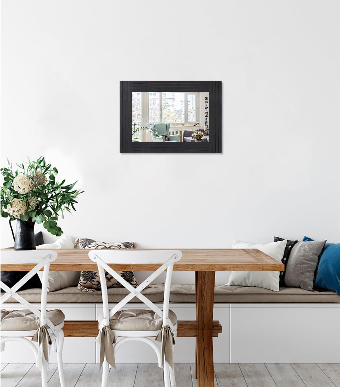 Black Vintage Rustic Wood Framed Wall Mirror Farmhouse Rectanglular Antique Decor Hanging Mirror for Bathroom Bedroom Living Room Entryway Large 16"x12"