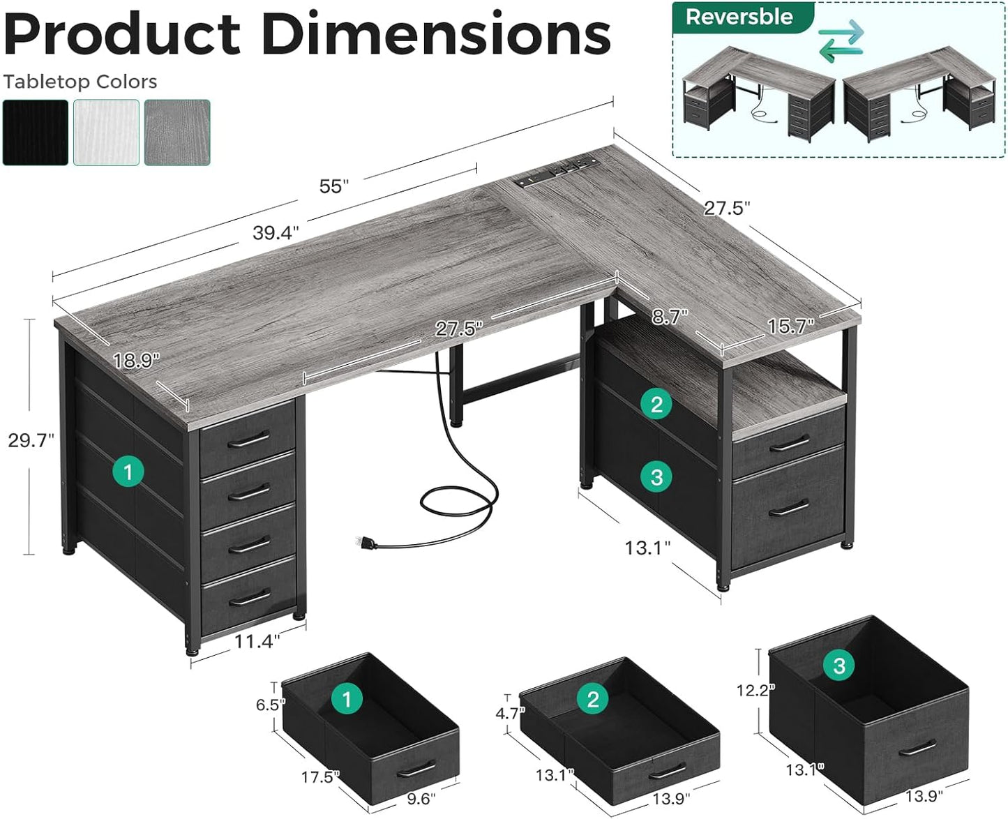 Coleshome L Shaped Computer Desk with 6 Drawers & Power Outlet, 55 Inch Corner Desk with Reversible Storage Shelf & File Drawer, Home Office Desk, Grey Oak