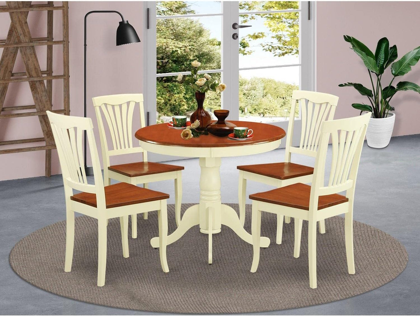 East West Furniture ANAV5-WHI-W 5 Piece Dining Room Furniture Set Includes a Round Kitchen Table with Pedestal and 4 Dining Chairs, 36x36 Inch, Buttermilk & Cherry