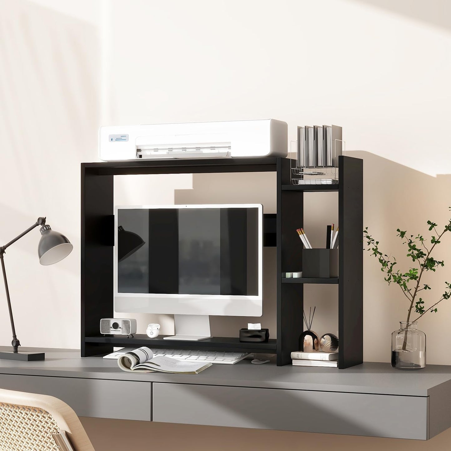 IBUYKE Desktop Bookshelf,36.8" Desktop Organizer Shelf,Wood Desk Hutch for Computer Monitor,Display Shelf for Office Home Dormitory,Black TMZ008B