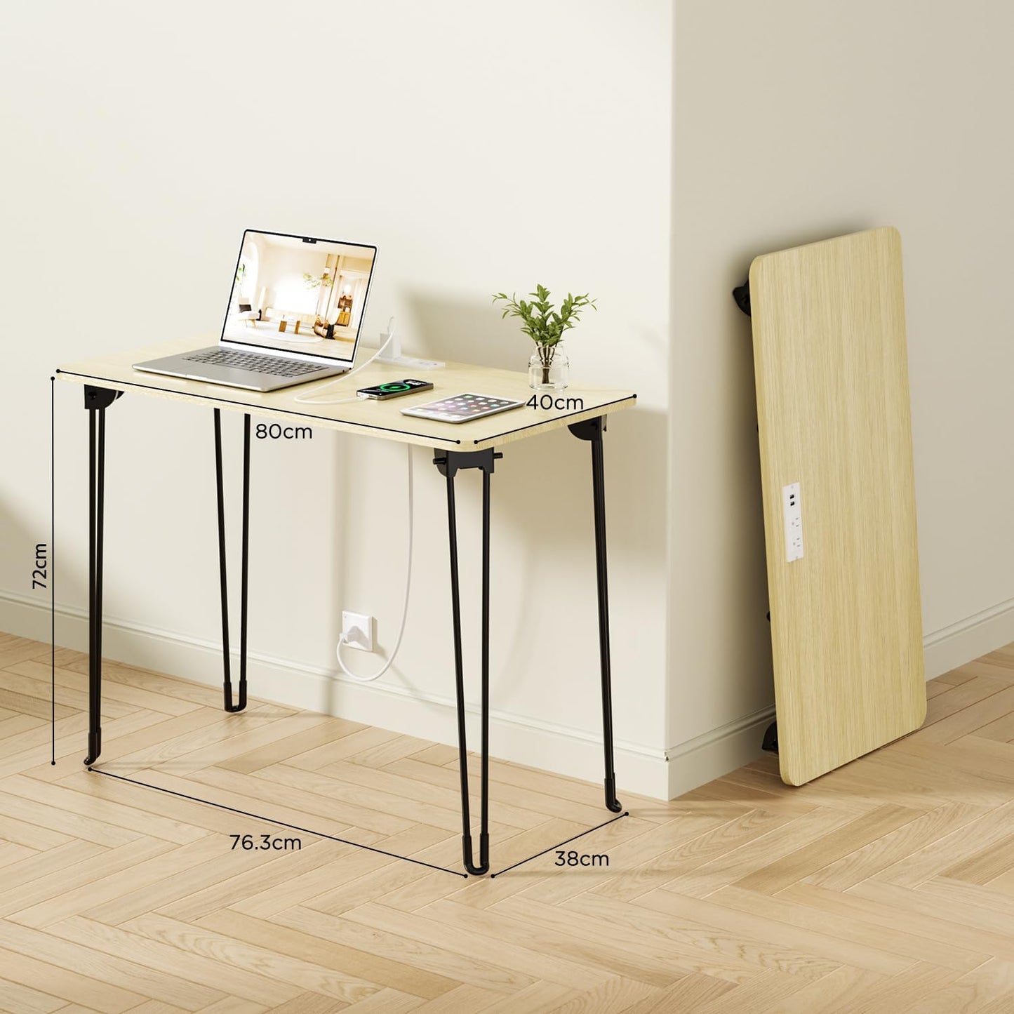 Folding Desk, 31.5" Hairpin Legs Small Desk with Power Strip for Bedroom, Space Saving Foldable Computer Desk for Home Office, No Assembly Need,Beige
