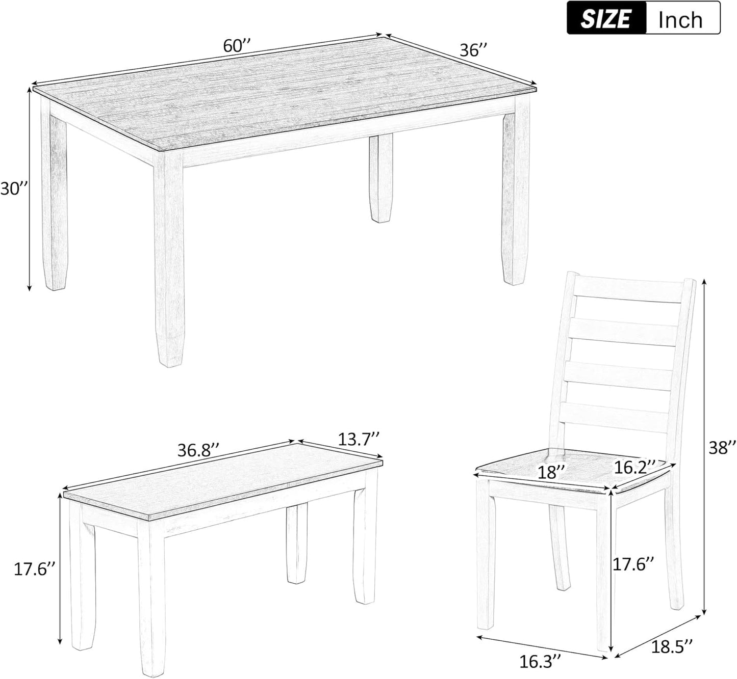 6 Pieces Dining Table Set with 1 Bench & 4 Ergonomic Designed Chairs,Wooden Living Room Furniture W/ 60" Rectangle Kitchen Desk,for Restaurant,Home Bistro,Walnut+Cottage White