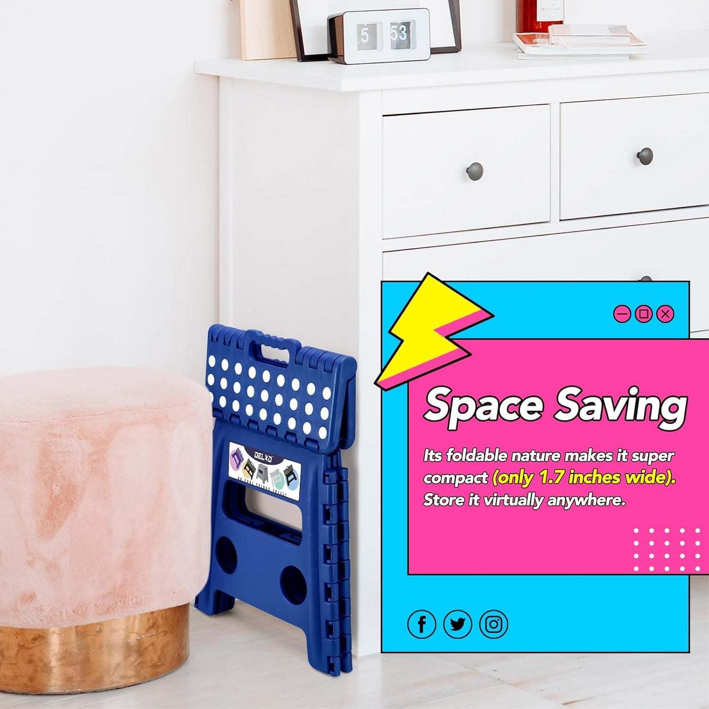 Delxo Folding Step Stool, 13 inch Non-Slip Foldable Stools Up to 300 LBS, Step Stool with Handle, Lightweight for Kitchen, Bathroom, Bedroom, Garden, Blue, 1PC