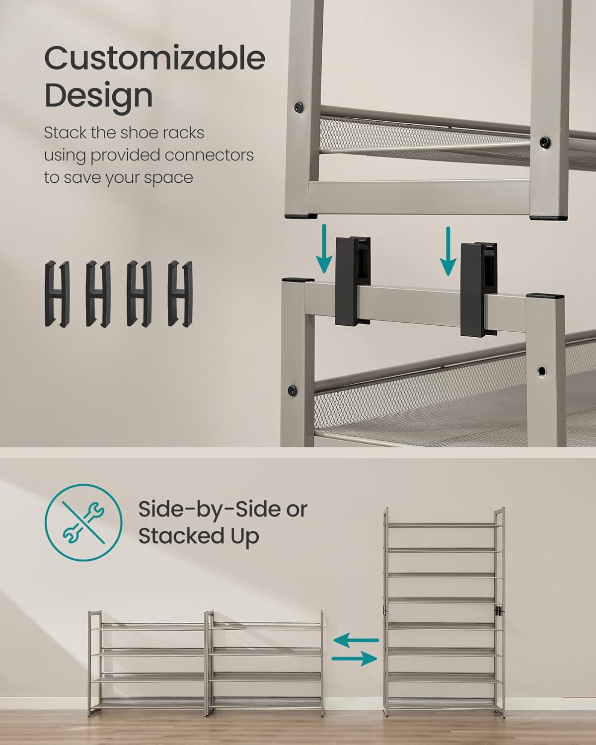 SONGMICS Shoe Rack, 8-Tier Shoe Organizer, Metal Rack for Garage, Set of 2, 4-Tier Stackable Shelf, with Adjustable Flat or Angled Shelves, 32-40 Pairs, Cappuccino Beige ULMR008L01
