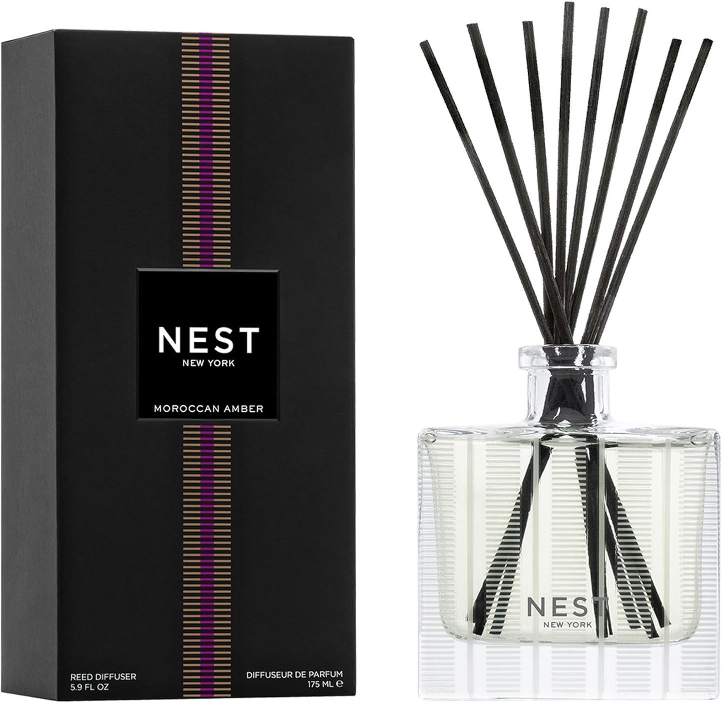 NEST New York Reed Diffuser, Moroccan Amber - 5.9 fl oz - Fragrance for Up to 90 Days - Reusable, Refillable Glass Holder - Includes 8 All-Natural Reed Sticks - Flame Free