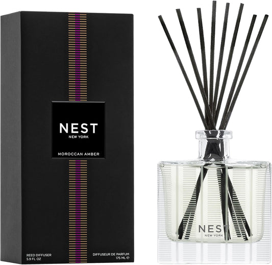 NEST New York Reed Diffuser, Moroccan Amber - 5.9 fl oz - Fragrance for Up to 90 Days - Reusable, Refillable Glass Holder - Includes 8 All-Natural Reed Sticks - Flame Free