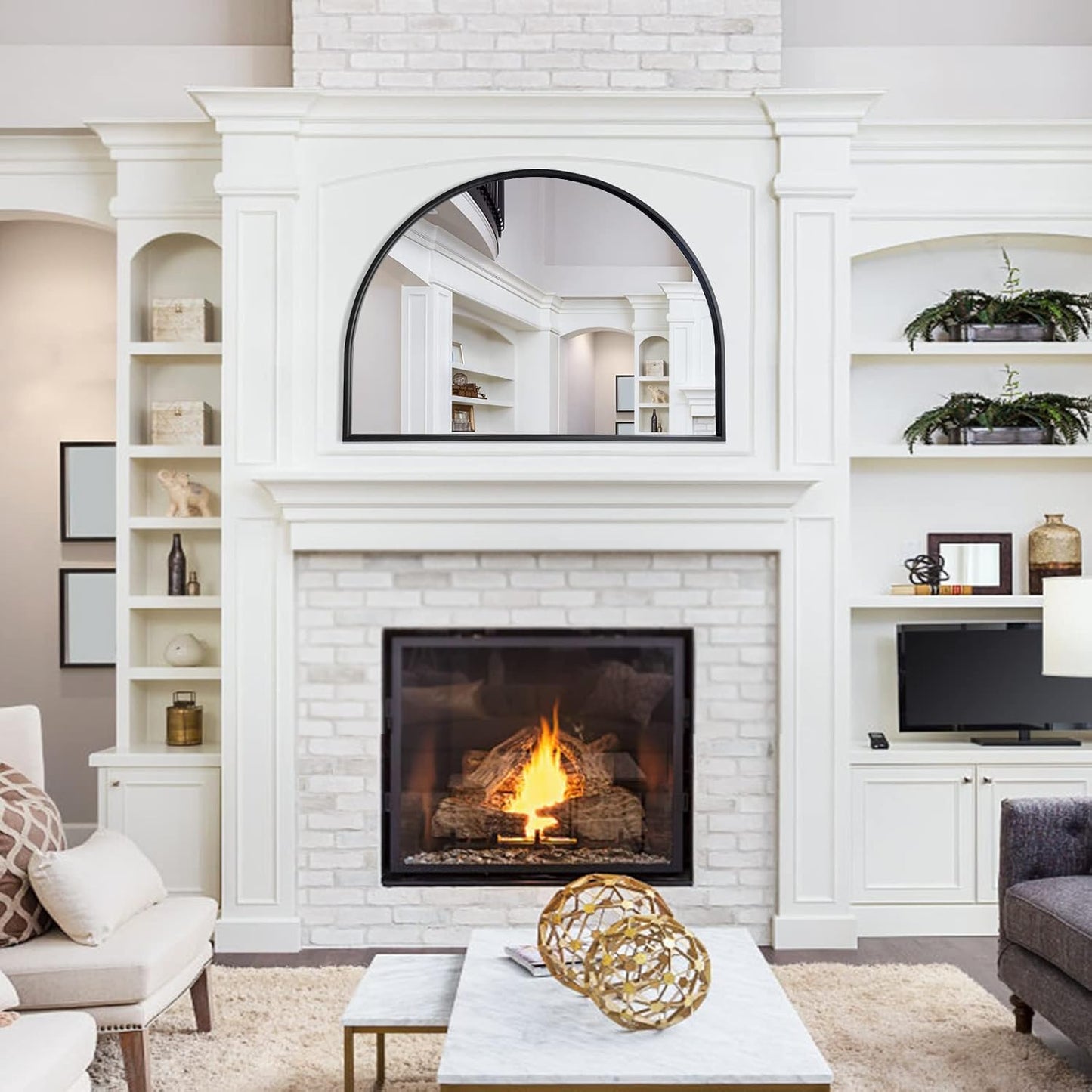 WAMIRRO Minimalist Black Arched Mirror,Large Farmhouse Bathroom Fireplace Mantel Horizontal Wide Arch Mirrors for Entryway/Living Room 26"X36"